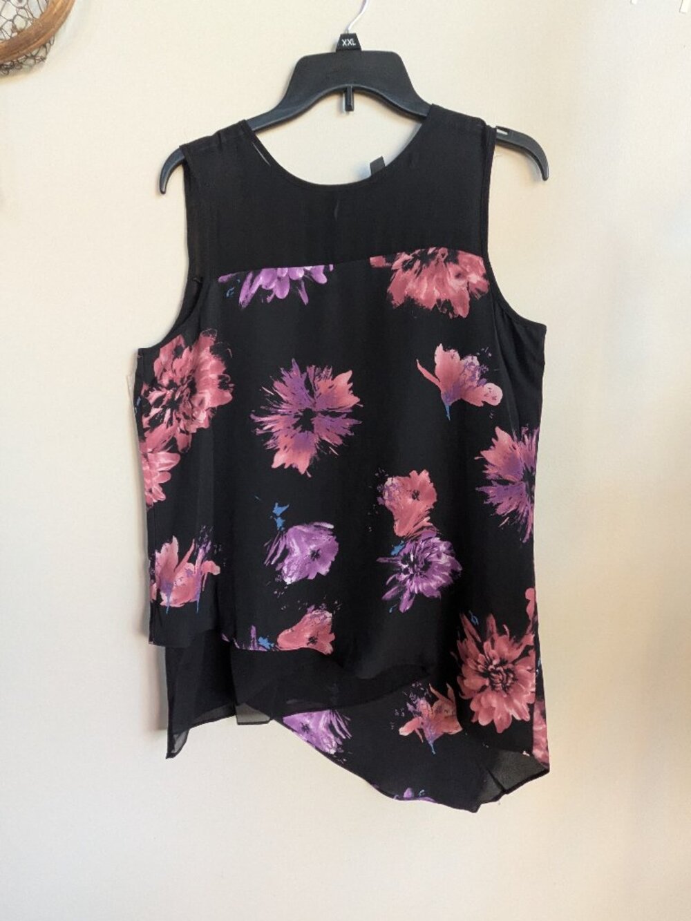 zac and rachel women's M sleeveless tunic black floral sheer asymmetrical #612